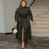 Ethnic Clothing Chic Women Hollow Out Lace Splice Mock Neck Long Sleeve A Line Midi Dress With Belt Casual Party Club Outfits Plus Size