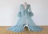 Chic Tulle Blue Prom Dresses Dusty Maternity Dress For Poshoot See Thru Puffy Sleeves V Neck Long Robe Women Gowns1930082