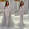 Superbes robes de soirée de sirène en cristal élégant avec un train détachable illusion V coude perle à manches longues robes de bal de perles robes formelles pour femmes