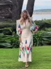 Printed Women Long Dress Suit Vneck Puff Sleeve Top High Waist Loose Female Midi Dresses 2024 Spring Autumn Fashion Lady Sets 240402