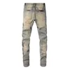 Men's Jeans Mens camouflage leather bone patch jeans with retro blue elastic denim thin tapered pants with torn distressed TrousersL2403