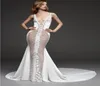 Sexig se genom Mermaid Wedding Dresses 2022 Deep Vneck 3d Floral Lace Sweep Traad Beach Boho Bridal Reception Gown5652184