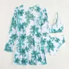 Kvinnors badkläder Ny sexig 3-delad baddräkt Kvinnor Floral Print Bikini Set+Long Shirt Cover Beach Suit Midjan Push Up Swimsuit J240403