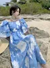 Partykleider Sommer Kurzarm vor Schulter Vintage Strandkleid Bule Boho Holiday Femme Robe Blumen Midi Frauen Französisch