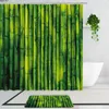 Rideaux de douche en bambou green plantes art paysage tissu imprimer décor de salle de bain ensemble tapis de bain non glip