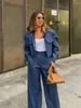 Kvinnorjackor Kvinnor Blue Crop Blazer and Pants Elegant Lapel Long Sleeve Pocket Tops Leg Ankle-Length Byxor Office Lady Lady