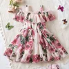 Suspend Dress for Girls Print Elegant Children Summer Casual Clothes Chiffon Kids Flower Tutu Princess Dresses 240325