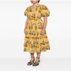 黄色のランタンスリーブミニドレスフローラルプリントドレス女性サマーファッションデザイナーホリデールーシングフローラルプリントカスケーディングミディドレス服FZ2404075