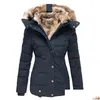 Womens Trench Coats Autumn Winter Quilted Warm Solid P Thickened Jacket Button Long Windproof Hooded Parka Down Cotton Coat Drop Deliv Otxlf