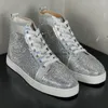 Casual Shoes Fashion Designer Leather High Top Men's Women's Silvery Rhinestone Board Night Club Lovers Red Soled Sh