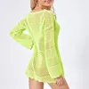 Casual Dresses Women Knitted Crochet Mini Dress Bathing Beachwear Solid/Contrast Color Long Sleeve Cutout See Through Loose Sunscreen