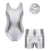 Scene Wear Children Metallic Open Back Ballet Leotard med Shorts Dancewear Set For Dance Performance Outfit Kids Girls Gymnastics Jumpsuit