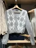 Женские трикотажные вязание серые Argyle Slim Short Cardigan Sweater Женщины весенний V-образный ватный топы для валотных кнопок винтажные сладкие кардиганы в стиле y2k