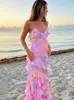 Casual jurken roze chiffon ruche sling maxi jurk tierred dames chic zoete mouwloze v nek vakantie gewaad 2024 lente dame strandvestidos