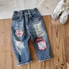 2024 Spring Kids Hole Jeans Boys Cartoon Letter Brodery Applique Denim Pants Fashion Children Cose Cowboy Trousers S1301