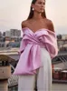 Mode Pink Bow Satin unregelmäßige Frauen Top V-Ausschnitt Rückenless Ladys Short Tops 2024 Frühlings Sommer Elegante weibliche Kleidung 240314