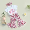 Giyim Setleri Blotona Bebek Kızlar Anneler Günü Kıyafetleri Yaz Mektubu Baskı Kısa Kollu T-Shirt ve Sıradan Çiçek Parlaması Pantolon Kafa Bantları
