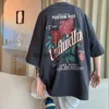 Erkek Tişörtler Hip Hop Erkekler ve Kadın Retro Gül Baskı Kısa Kollu Amerikan Yaz Gevşek Kişilik Çift Çift Sıradan T-Shirt Top Harajuku Y240407