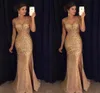 High Quality Gold Shinny Prom Dresses Sexy V Neck Cap Sleeves Major Crystal Beaded Sequins Side Slit Formal Evening Party Dress Ba1010465