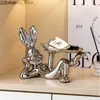 Arts and Crafts Ceramic Rabbit Storae Ornaments Metal Pallets Storae Trays Desktop Clock Decoration Crafts Animal Sculptures Statue FiurinesL2447