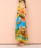 2024 Denizaltı hindistan cevizi ormanı baskı flip yakalı yeni kadın tasarım elbisesi, bel sarılmış uzun kollu elbise, yaz stili