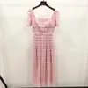 Party Dresses 2024 Summer Arrive Pink Color Women Lace Midi Dress Square Collor Short Sleeve Elastic Waist Big Hem Lady