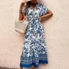 Casual Dresses A-line Dress Ethnic Style Printed Floral Print Maxi With Lace-up Waist V Neck Women's Summer Vacation