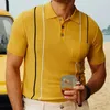 Yaz Giyim Erkekler Lüks Örgü Polo Gömlek Patchwork Sıradan Çizgili Bultondown Düz Renk Kısa Kollu Moda Örgü 240403