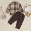 Наборы одежды 0-12 м для малыша для мальчика для мальчика для клетчатки осень зимняя рубашка с длинным рукавом с твердым цветом сплошные брюки 2 шт.