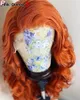 Long Wave Deep Orange Synthetic Wig Women Natural Fluffy Middle French 13x4 Sektion Front Lace Heat Motent Daily Party Headcover Brazilian Hair No Lim Brown Brown