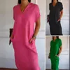 Casual Dresses Lady Midi Dress Elegant V Neck med sidofickor Split Hem For Women Summer Solid Color Ladies