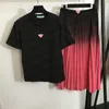 Metallabzeichen Faltenröcke Baumwoll T -Shirts Damen Mode zweiteilige Gradientenkleid Kurzarm Tops 2pcs Sets