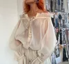 Women's Blouses Boho Inspired Off Shoulder Long Sleeve Blouse Women Ruffled Neckline Tie Up Front Sexy Tops Summer Clothing