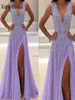 Crystal Prom Dresses Deep V Neck Side 슬릿 라벤더 얇은 명주
