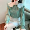 Spring Patchwork White Blue Solid Color Long Sleeve Peter Pan Collar Loose Shirt Topps Korean Fashion Women Clothing S2XL 240407