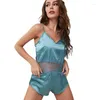 Heimkleidung 2pcs Frauen Schlinge Shorts Nachtwäsche Pyjamas Sets Schlafanzug Homewear Lounge sexy v Hals Spitzenkante Eis Seide