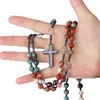 Chains African Red Stone Glass Beads Rosary Necklace Hematite Cross Pendant Women Men Catholic Christ Jewelry Mala