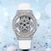 Luxo Luxo Alto Valor Estético Diamante Inclustação Simples Faixa de Aço Simens Star Lua Lua Dial Blue Quartz Watch Calendário