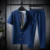 Shirts Pants summer 100 Cotton linen shorts sleeve Mens Casual Sets Male Fashion trousers and shirts men full size M5XL 240325