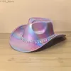 Breda brimhattar Bucket Laser Rainbow Cowgirl Hat Hot Stamped Jazz Fedora Bright Hip Hop Party Rave Cowboy Y2K YQ240407