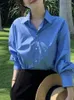 Jielur Blue Loose Office Lady Shirts Polo Neck Solid Color Long Sleeve Casual Dames Shirt White Fashion Single Breasted 240407