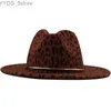 Beauts à bord large seau Nouvelle tendance unisexe lisse en laine de laine en feutre jazz fedora chapeau hommes léopard de la ceinture imprimée trilby panama officiel yq240407