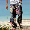 Men's Pants Summer Men Breathable Linen Like Trousers All Print Printed Tether Long Wide Leg Comfort Casual Elastic Waist Plants