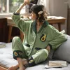 Home Clothing Flannel 2PCS Sleepwear Winter Pajamas Set Women Lapel Shirt&Pants Coral Fleece Pijamas Suit Warm Pyjamas Green