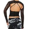 Women's T Shirts Puloru Black Lace Sheer Two-Piece T-Shirt Set Spring Summer Spaghetti Strap Cross Backless Tanks With Long Sleeve Shrugs