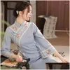 Vêtements ethniques Style chinois Robe Qipao Automne et hiver Young Lady Retro Daily Blue Qiapo Hanfu National Cheongsam Dhgwu