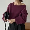 Женские свитера Kuzuwata перекосит воротник от плеча с твердым цветом с длинным рукавом Jumper