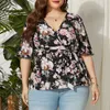 eDressU Plus Size Women Chiffon Blouse Print V Neck Shirt Tops Casual Office Lady Wear KYM802 240403