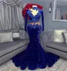 2022 Royal Blue Prom Dresses Black Girls Sequined Lace see through Long Sleeves Lace Appliques Beads Sequins African Formal Evenin8097557