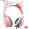 Mobiltelefonörlurar brus avbryta fällbar RGB söt katt PS4 PS5 Girls PC Mic Led Light Mic över öronhuvudbandet trådbundna spel hörlurar headset Y240407